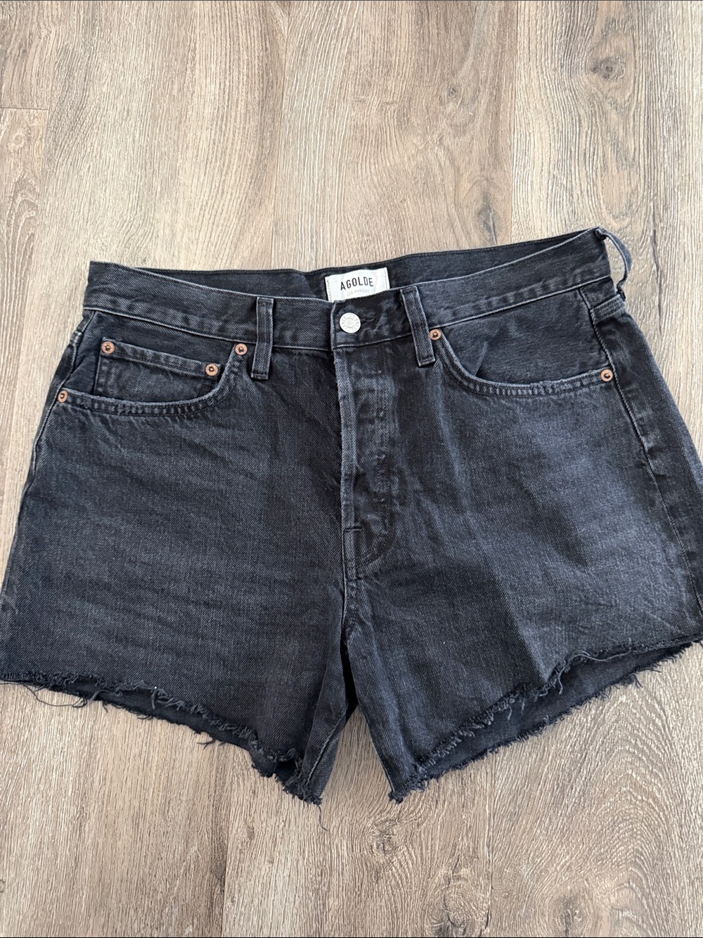 Agolde Black High-Rise Raw-Hem Denim Shorts